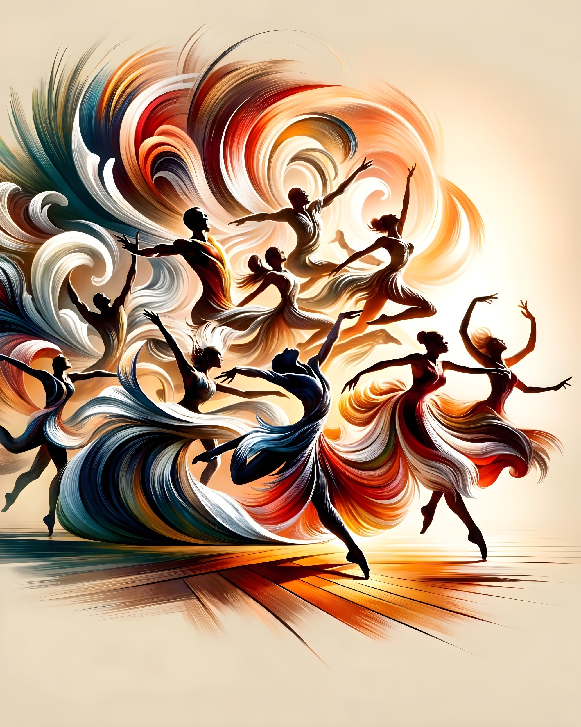 Vibrant Dancers in Motion with Colorful Swirls