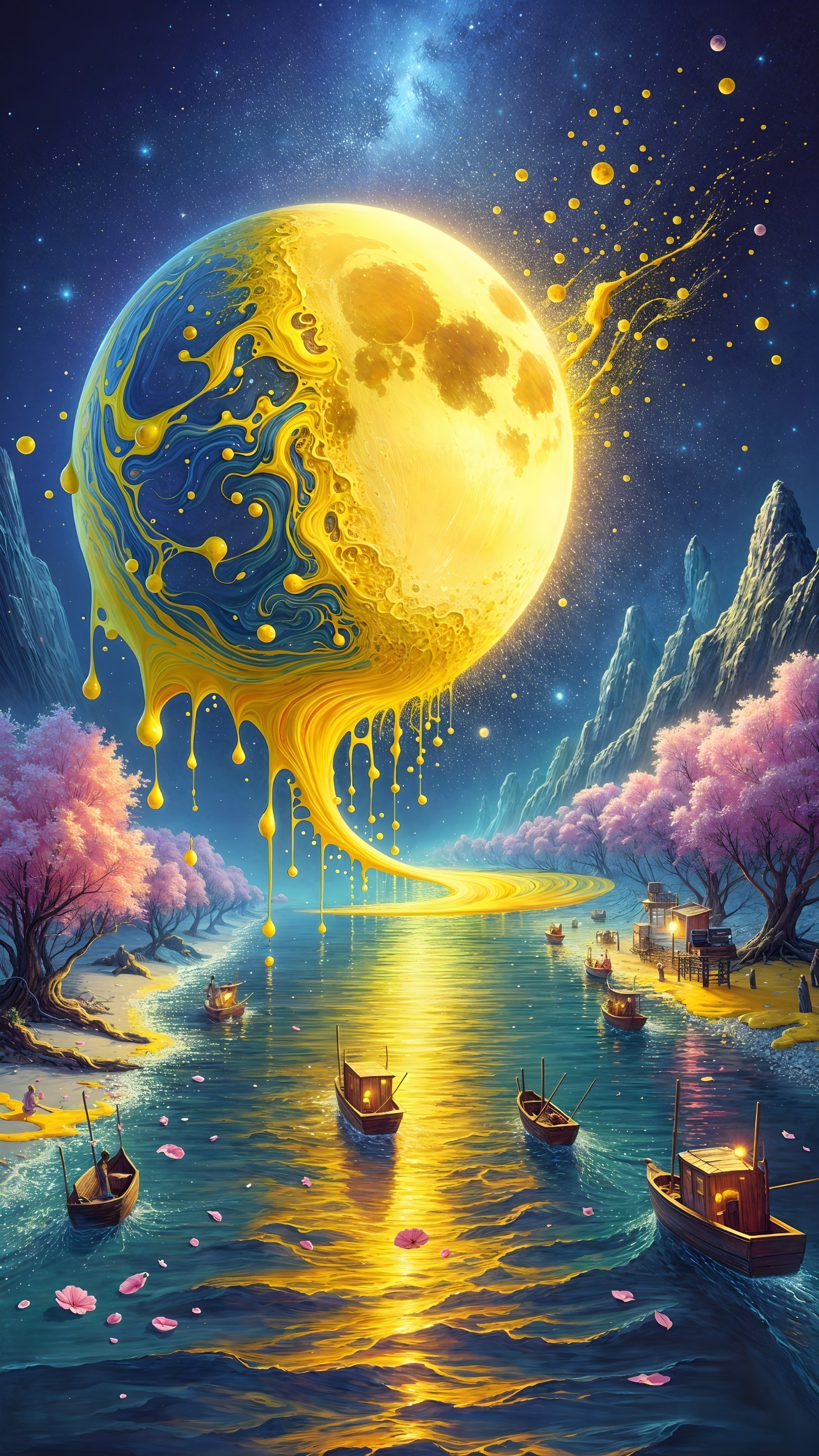 Surreal Landscape with Yellow Moon and Cherry Blossoms