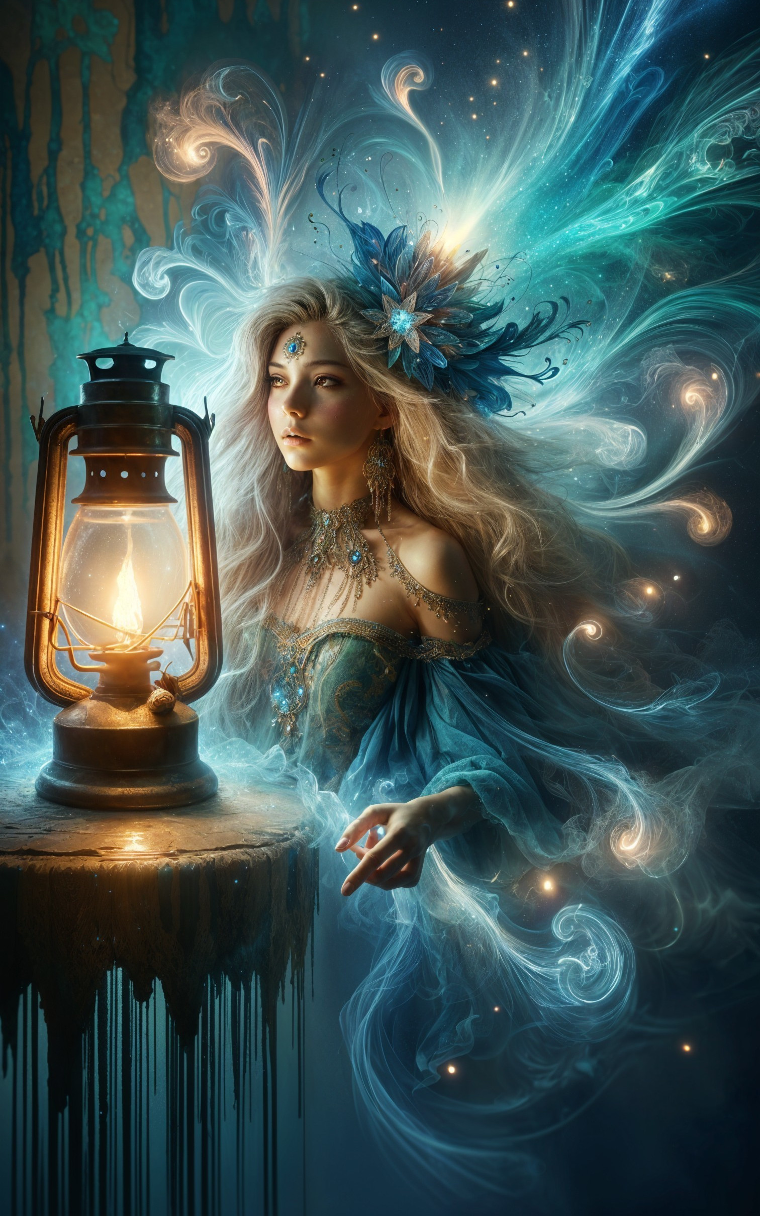 Mystical Woman in Ethereal Setting with Lantern