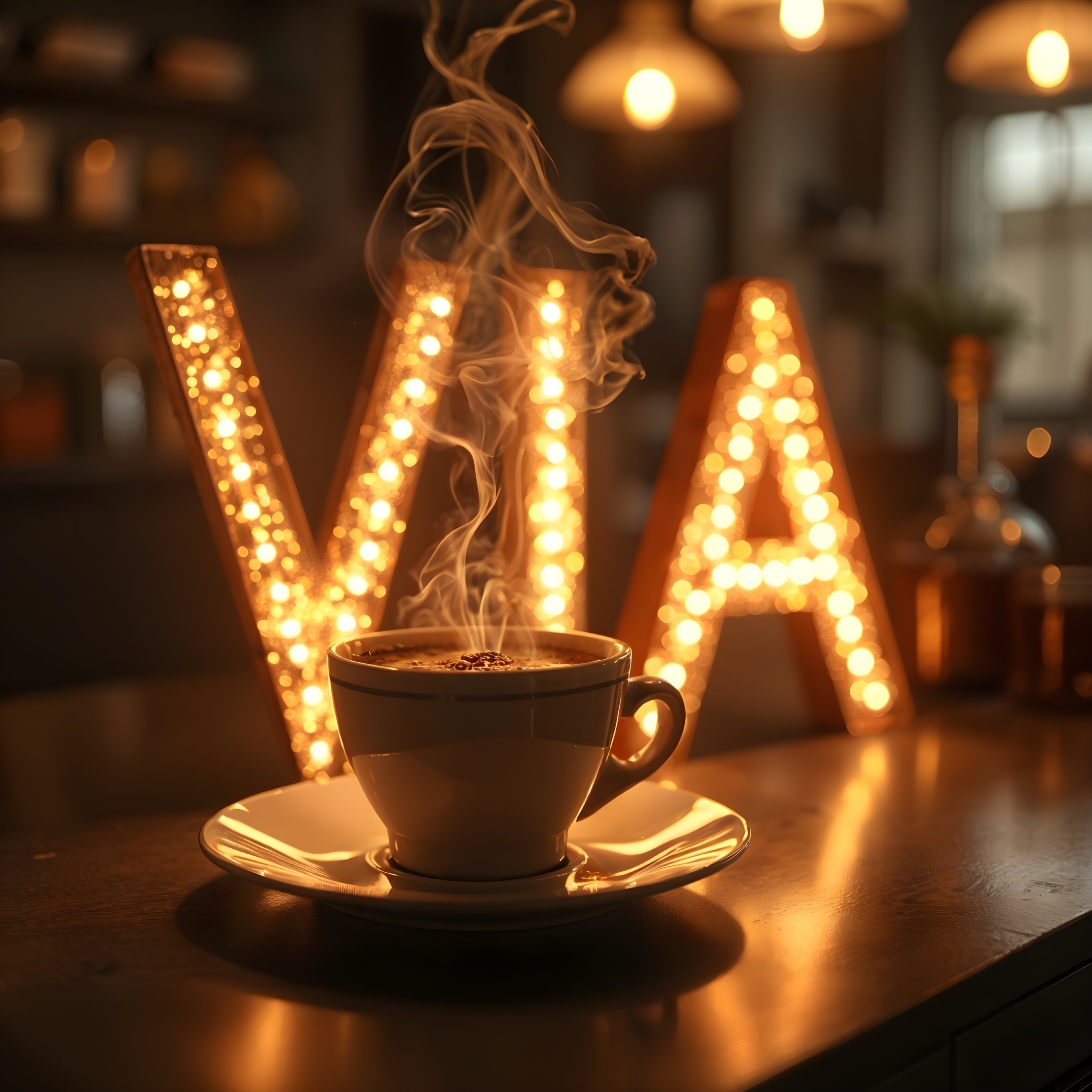 Cozy Coffee Scene with Warm Light and "VIA" Letters
