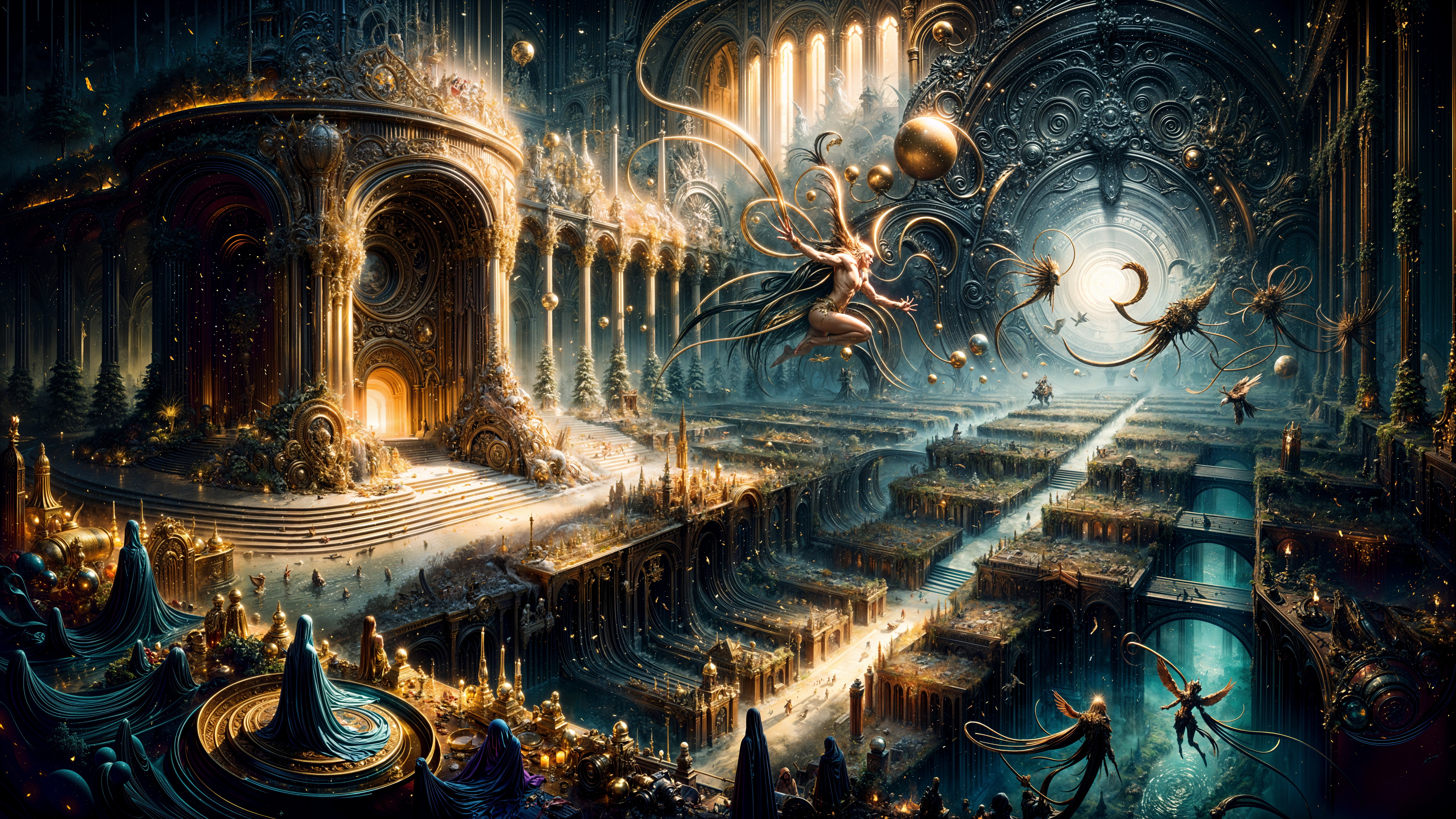 Ethereal Grand Hall with Cosmic Elements and Figures