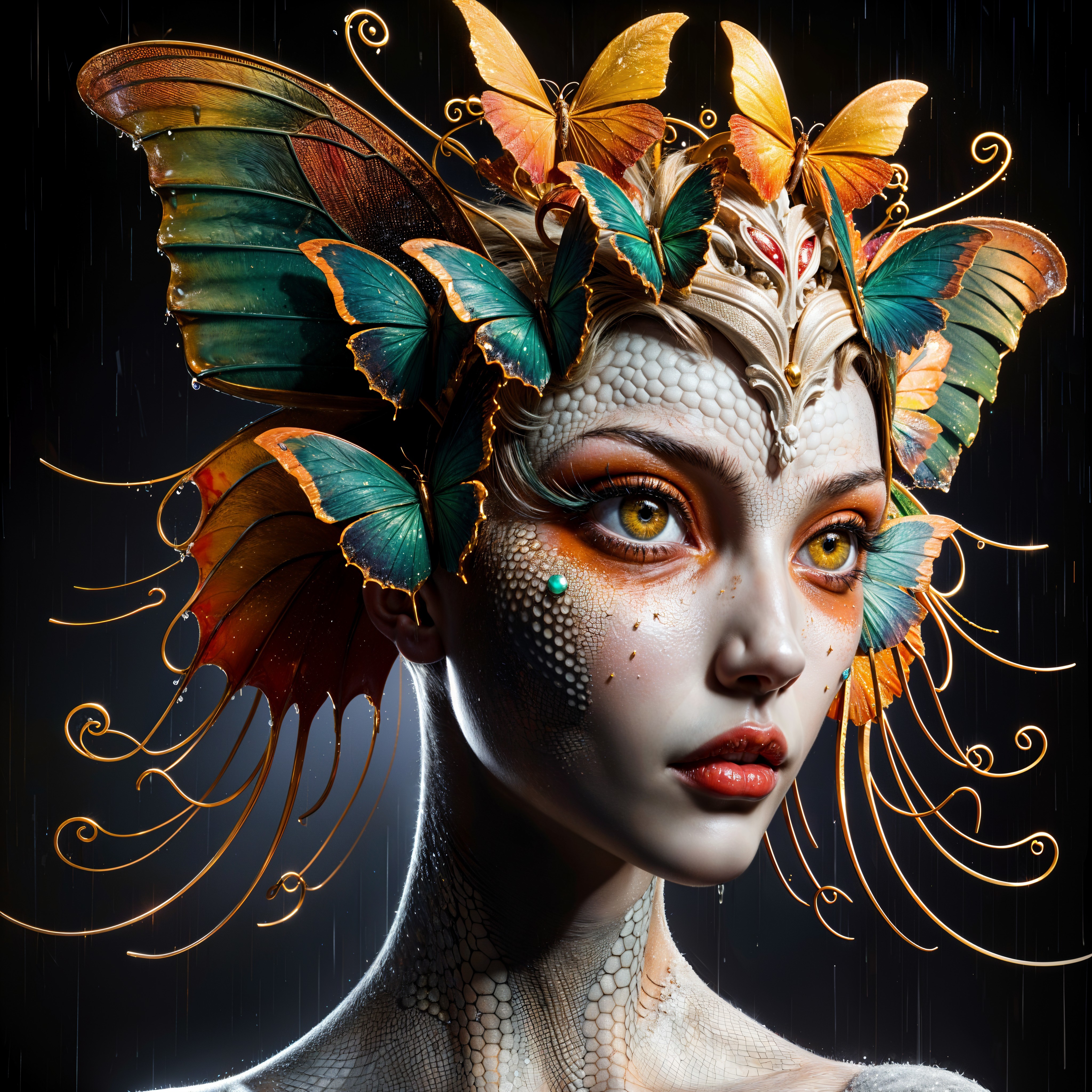 Portrait of a woman with butterflies and shimmering scales