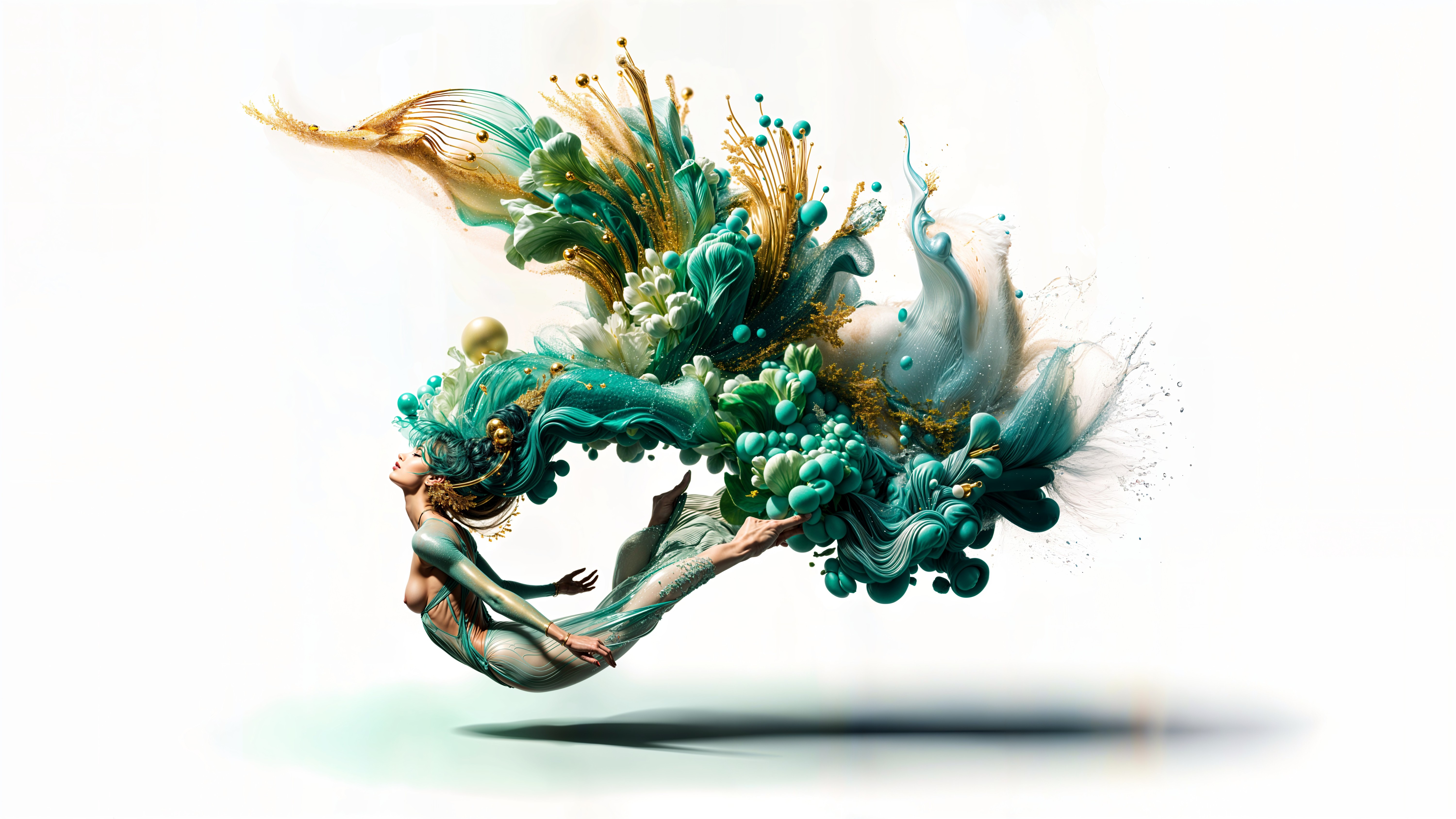 Surreal Scene of a Floating Figure in Teal and Gold