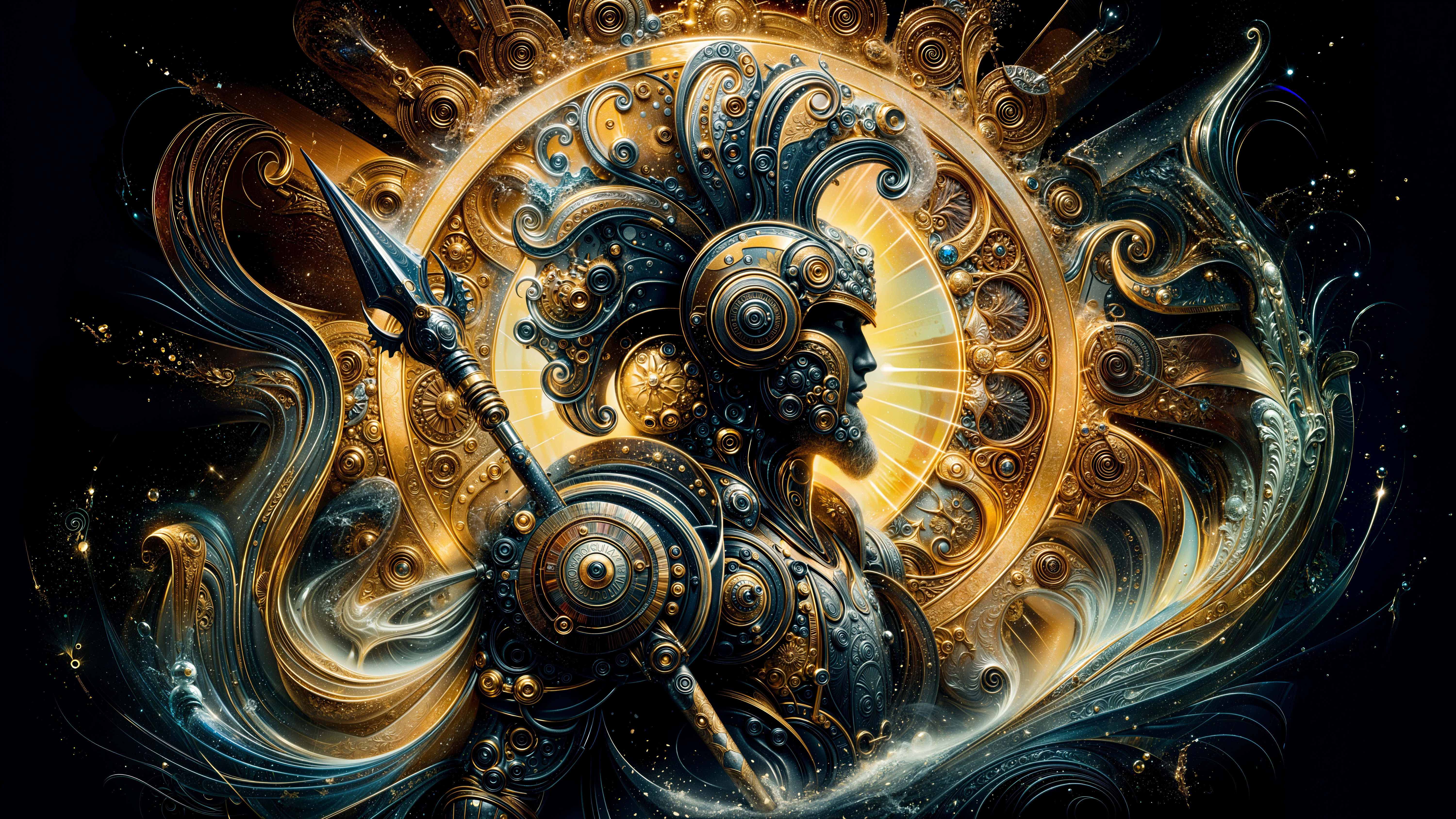 Majestic Warrior in Ornate Armor with Cosmic Patterns