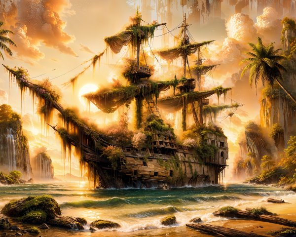 Abandoned Pirate Ship Surrounded by Lush Nature