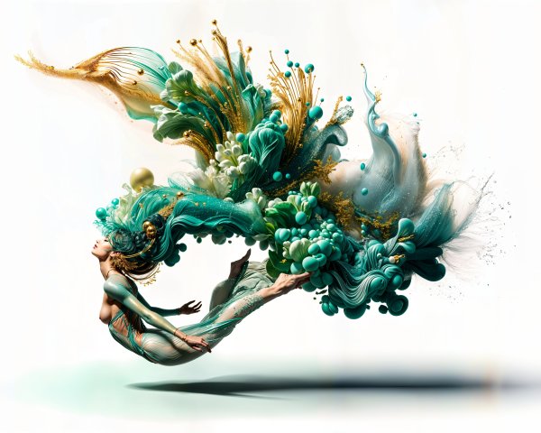 Surreal Scene of a Floating Figure in Teal and Gold