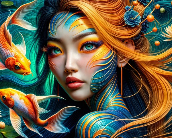 Vibrant Portrait of a Woman with Underwater Elements