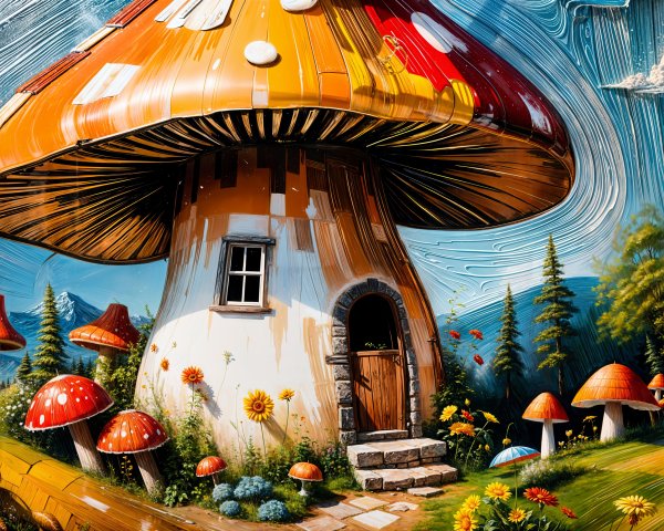 Whimsical Mushroom House in a Colorful Landscape