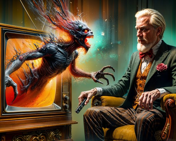 Surreal Scene of Man and Menacing Creature Encounter