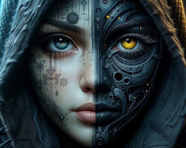 Portrait of Woman with Natural and Cyborg Features