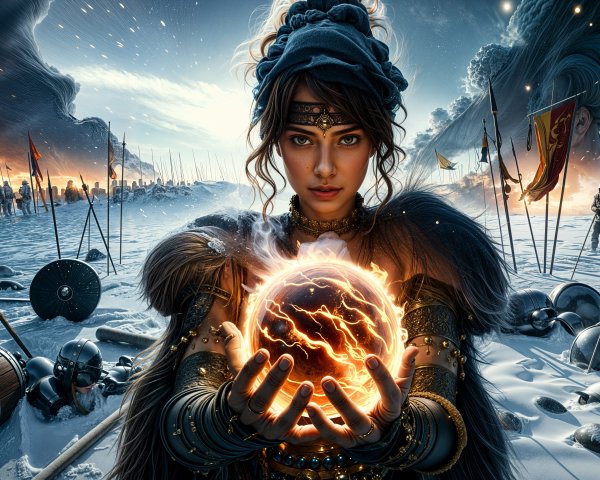 Warrior Woman in Stormy Landscape with Energy Orb