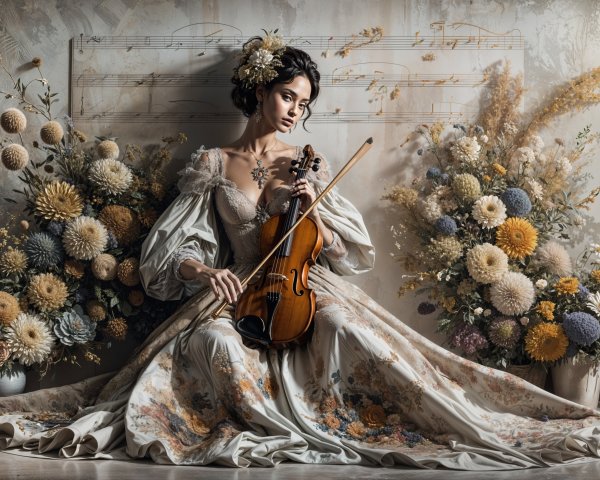 Young Woman with Violin in Floral Setting