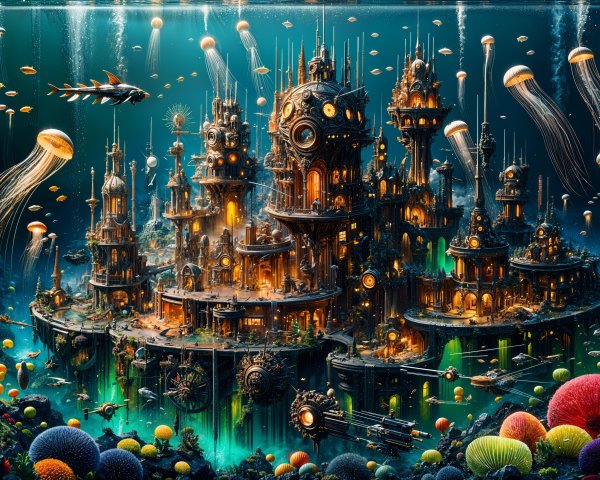 Vibrant Underwater City with Clockwork Structures