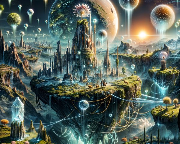 Surreal Landscape with Floating Islands and Cosmic Sky