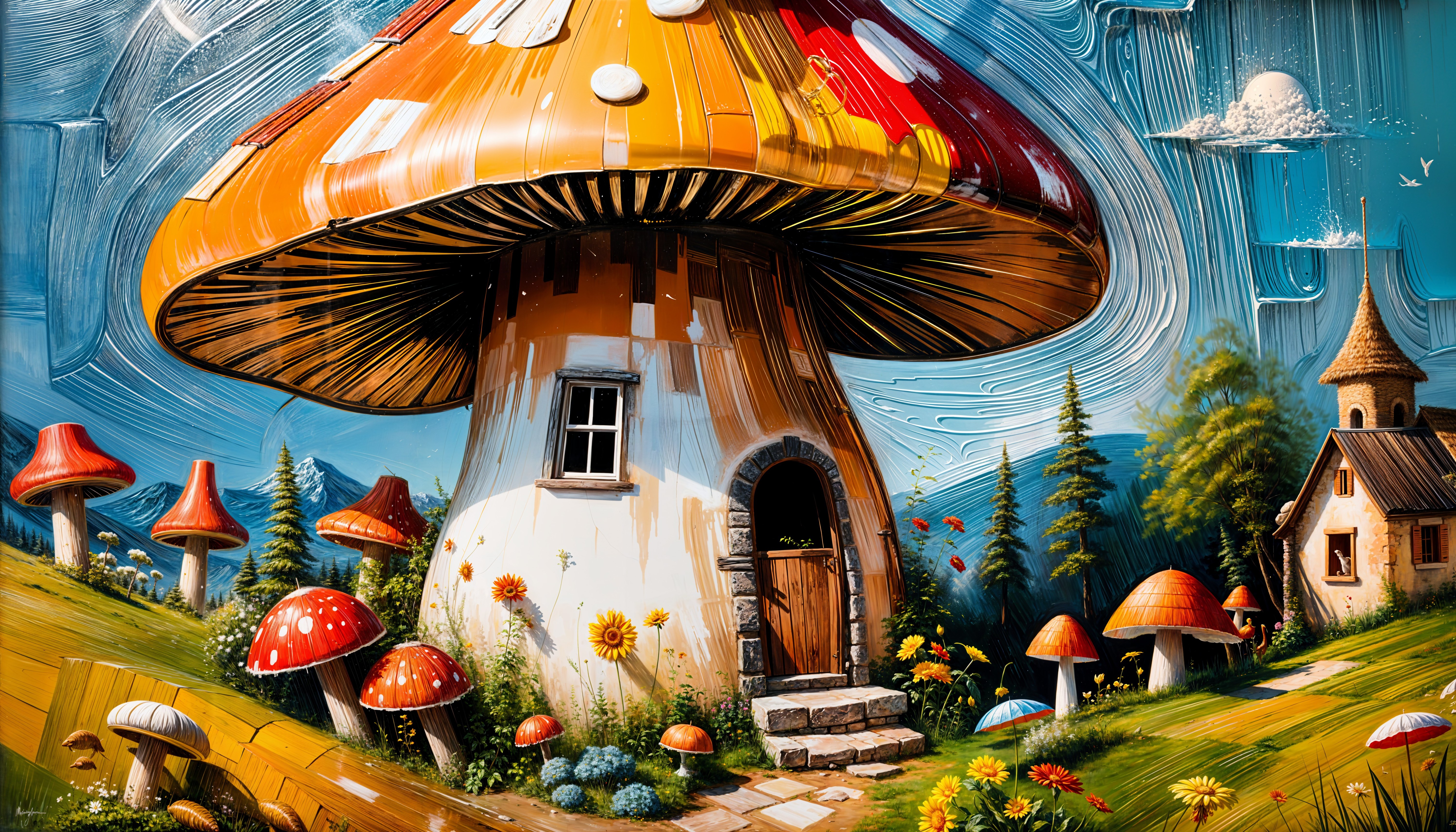 Whimsical Mushroom House in a Colorful Landscape