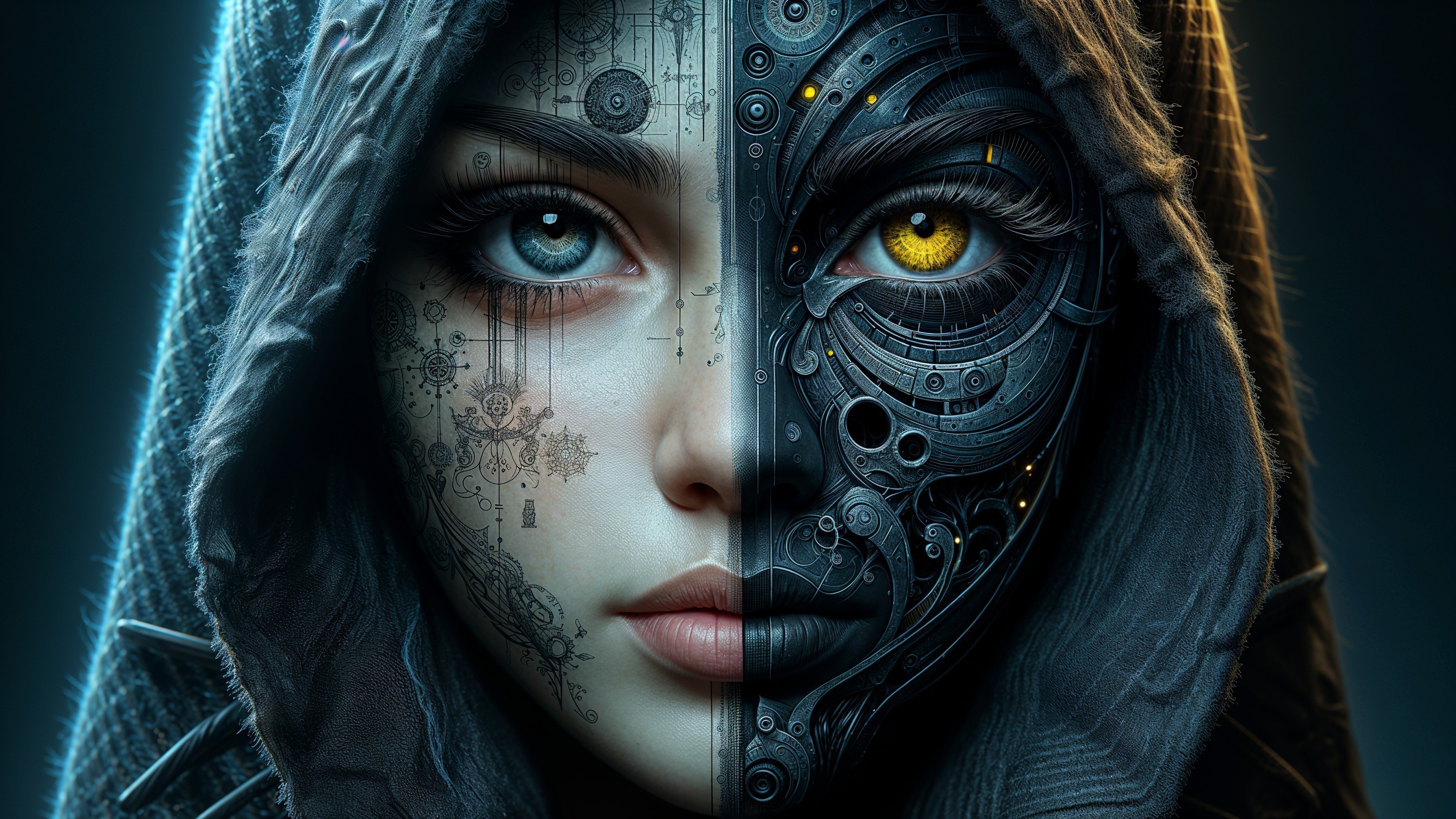 Portrait of Woman with Natural and Cyborg Features