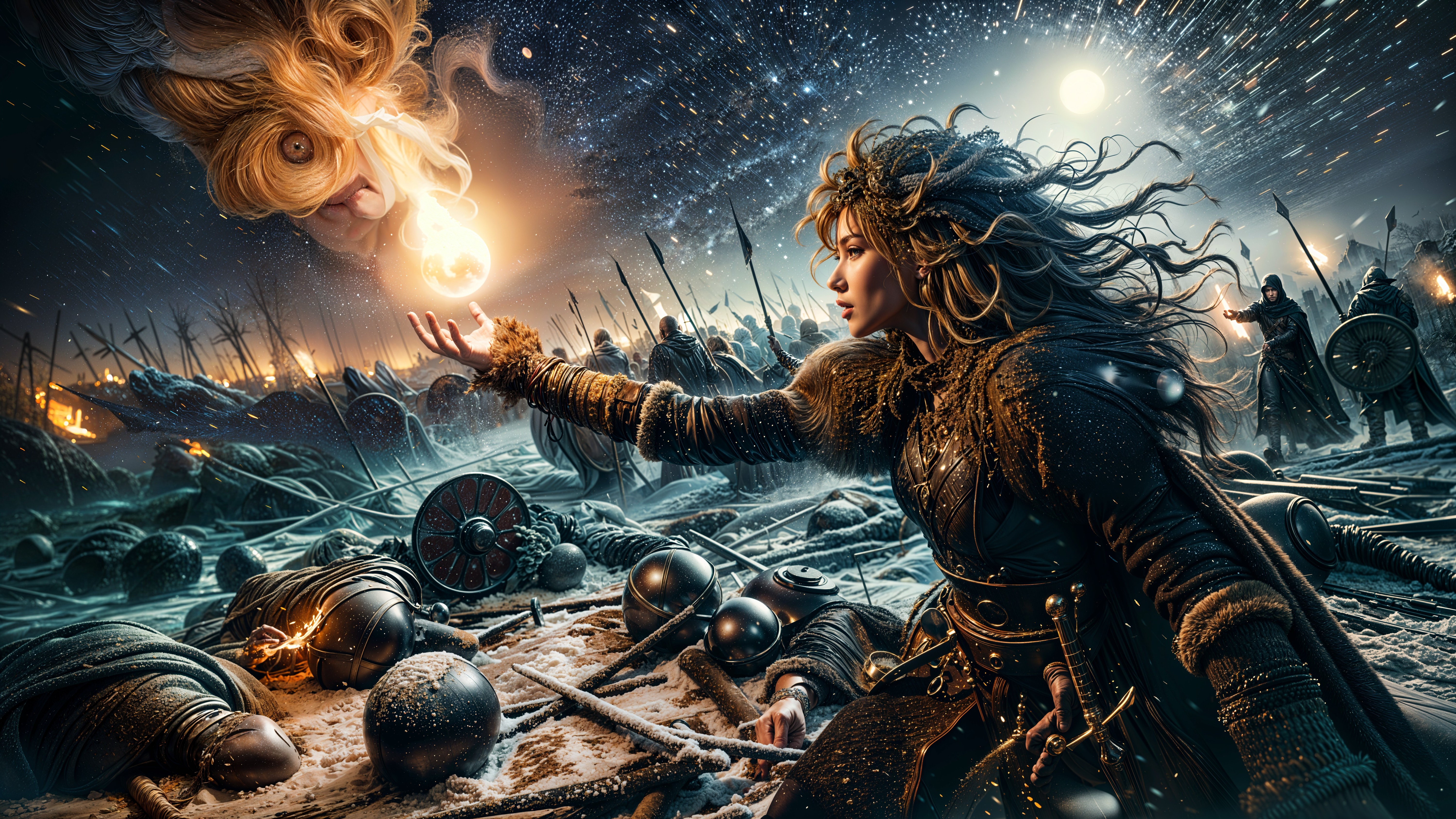 Dramatic Battlefield Scene with Celestial Elements