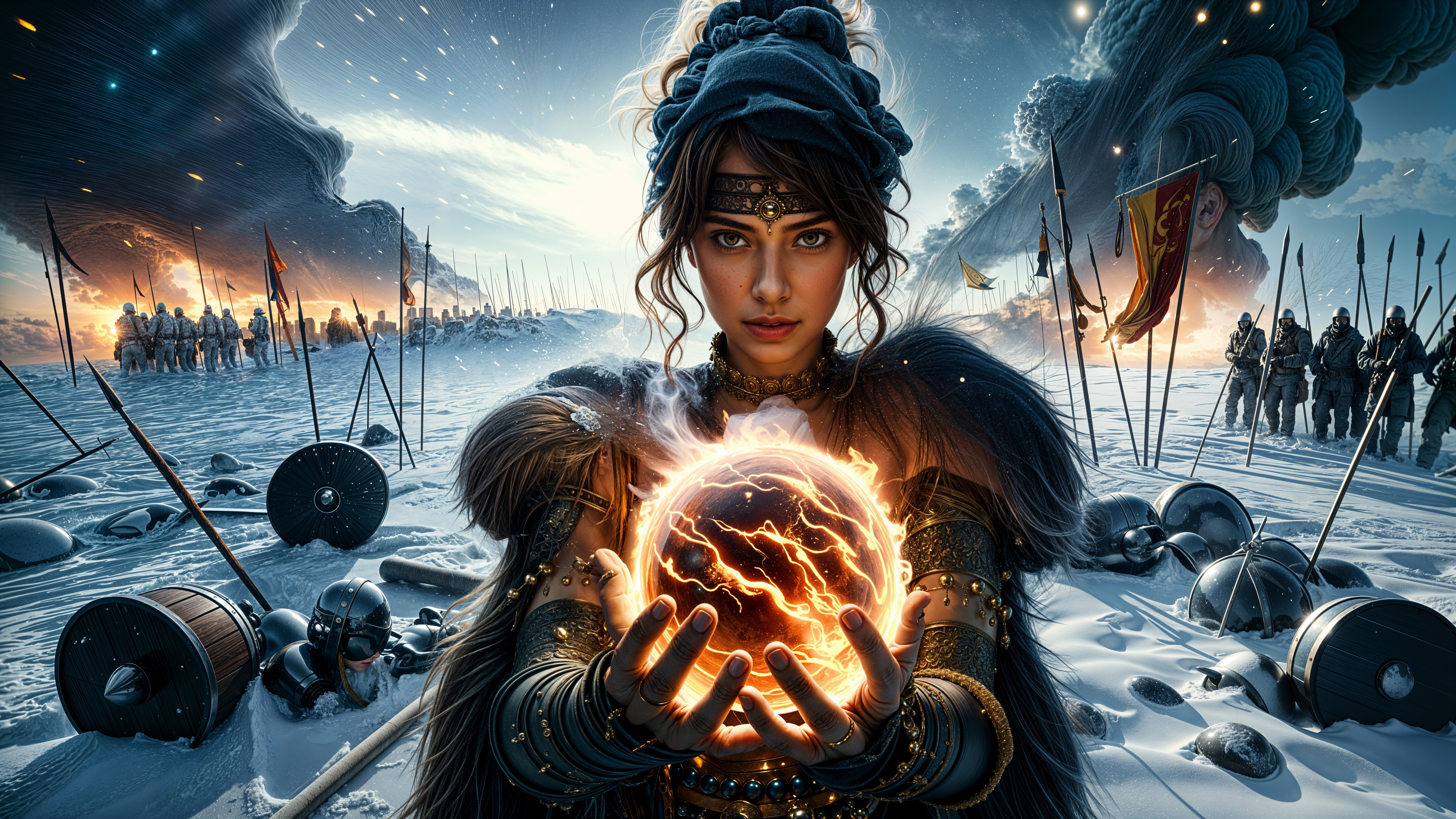 Warrior Woman in Stormy Landscape with Energy Orb