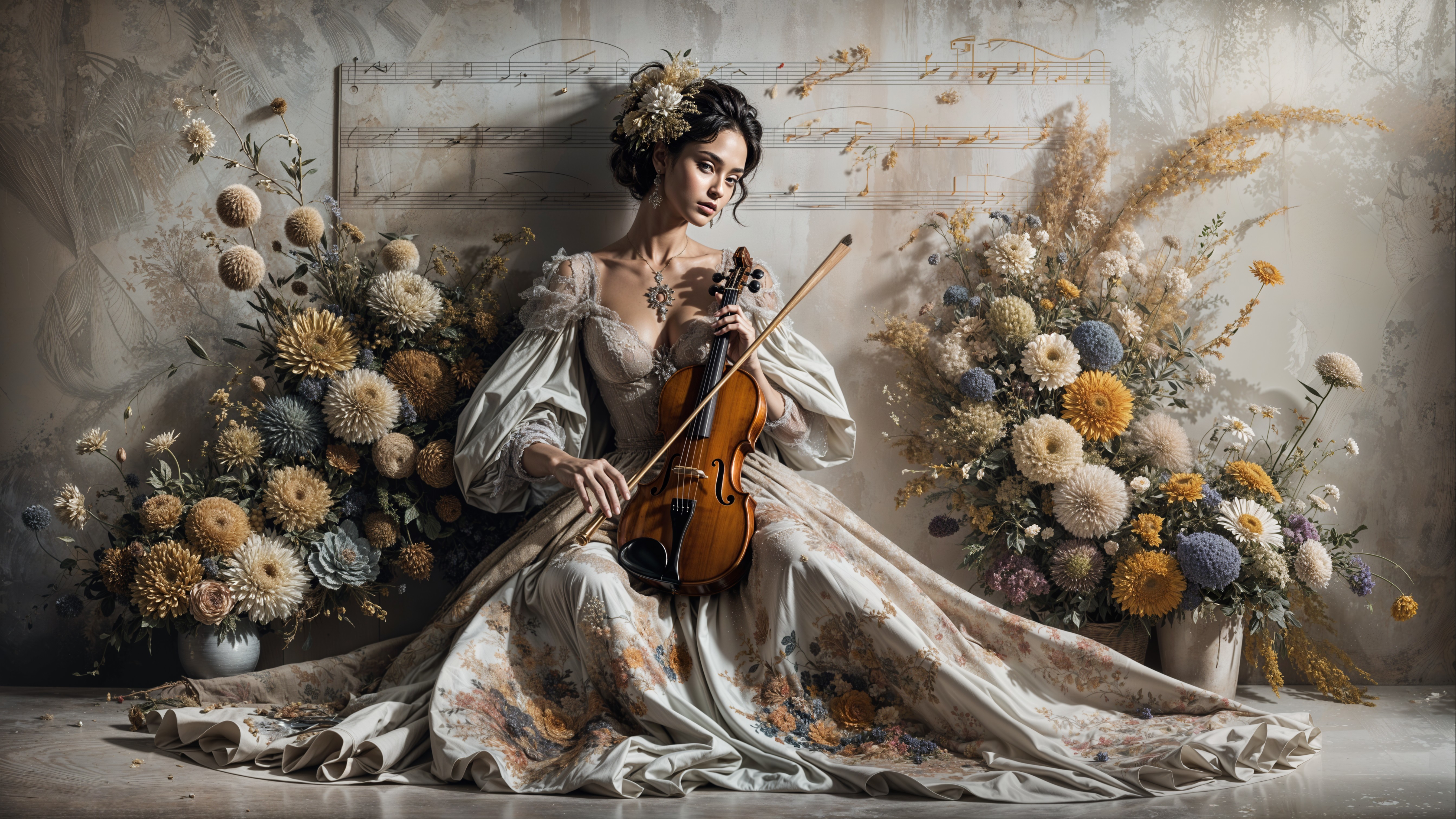Young Woman with Violin in Floral Setting
