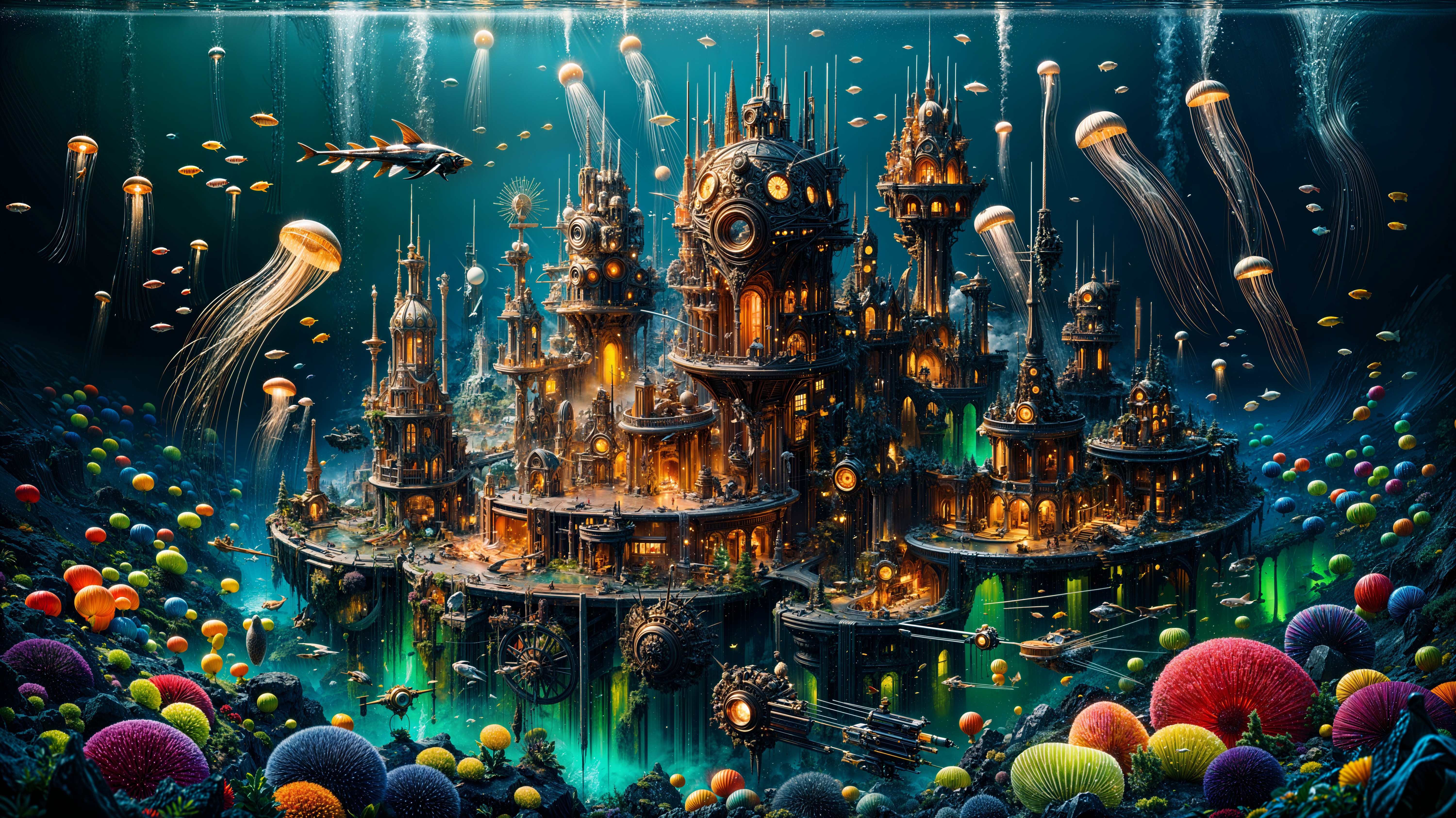 Vibrant Underwater City with Clockwork Structures
