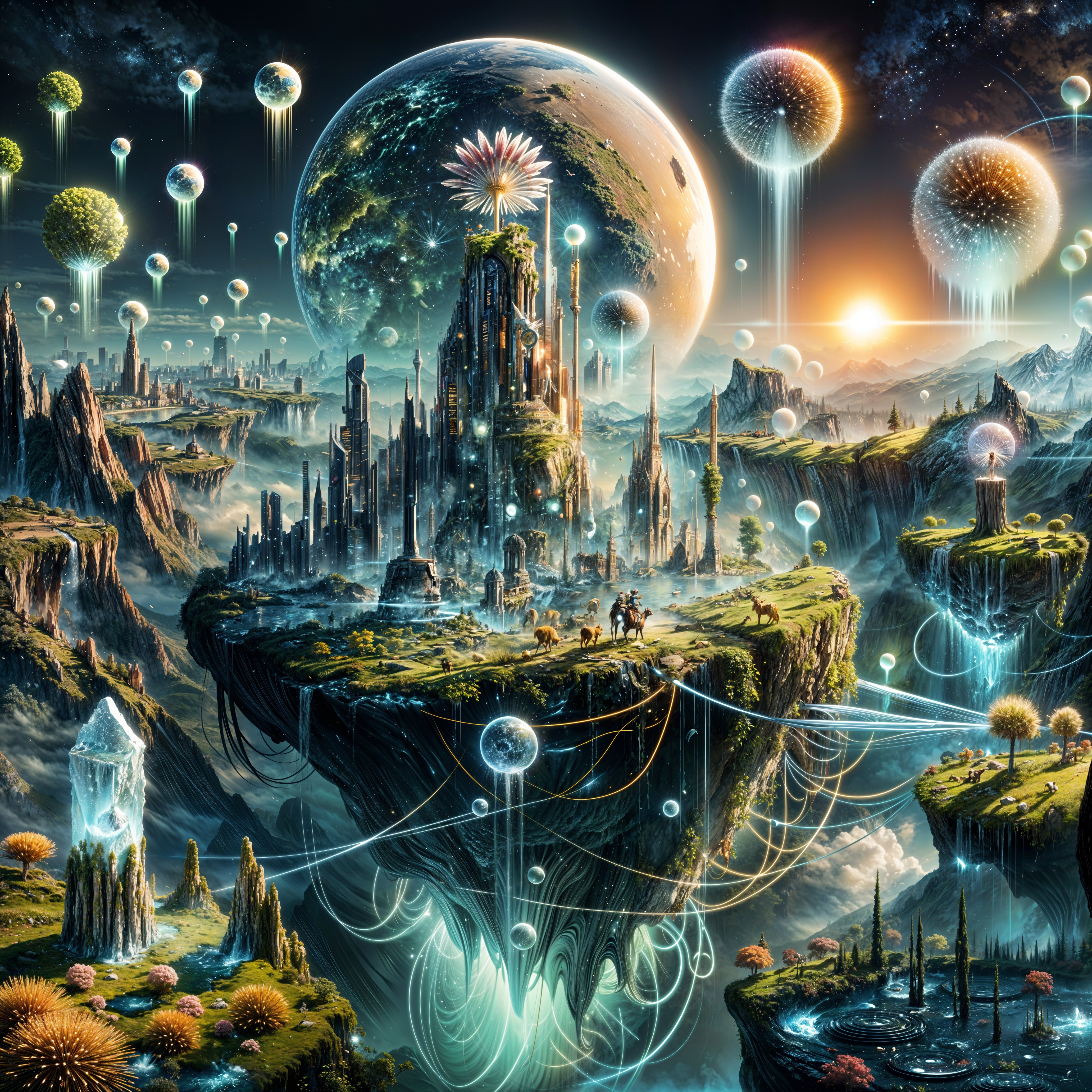 Surreal Landscape with Floating Islands and Cosmic Sky