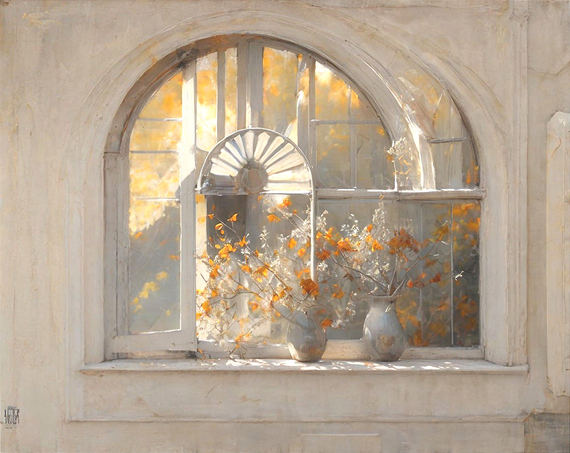 Sunlit Window with Autumn Hues and Delicate Vases