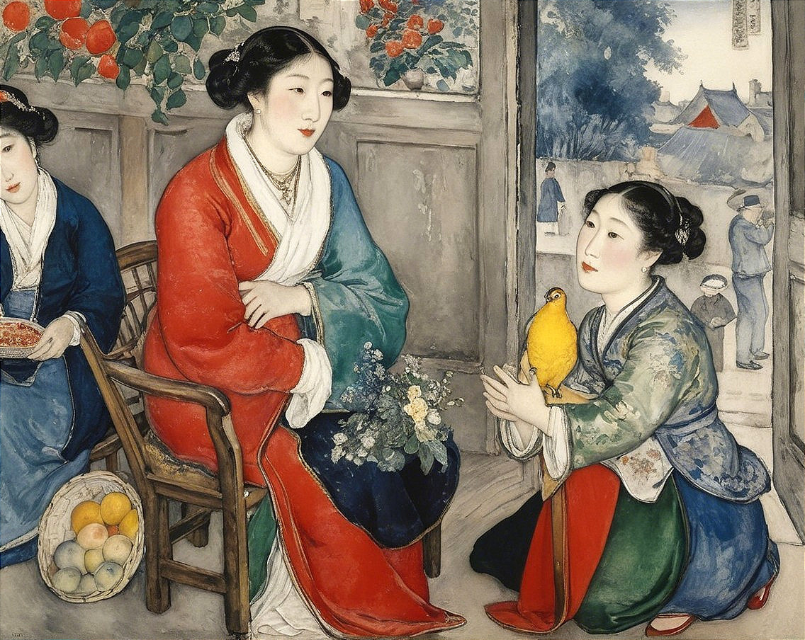 Women in Traditional Attire in Serene Indoor Setting