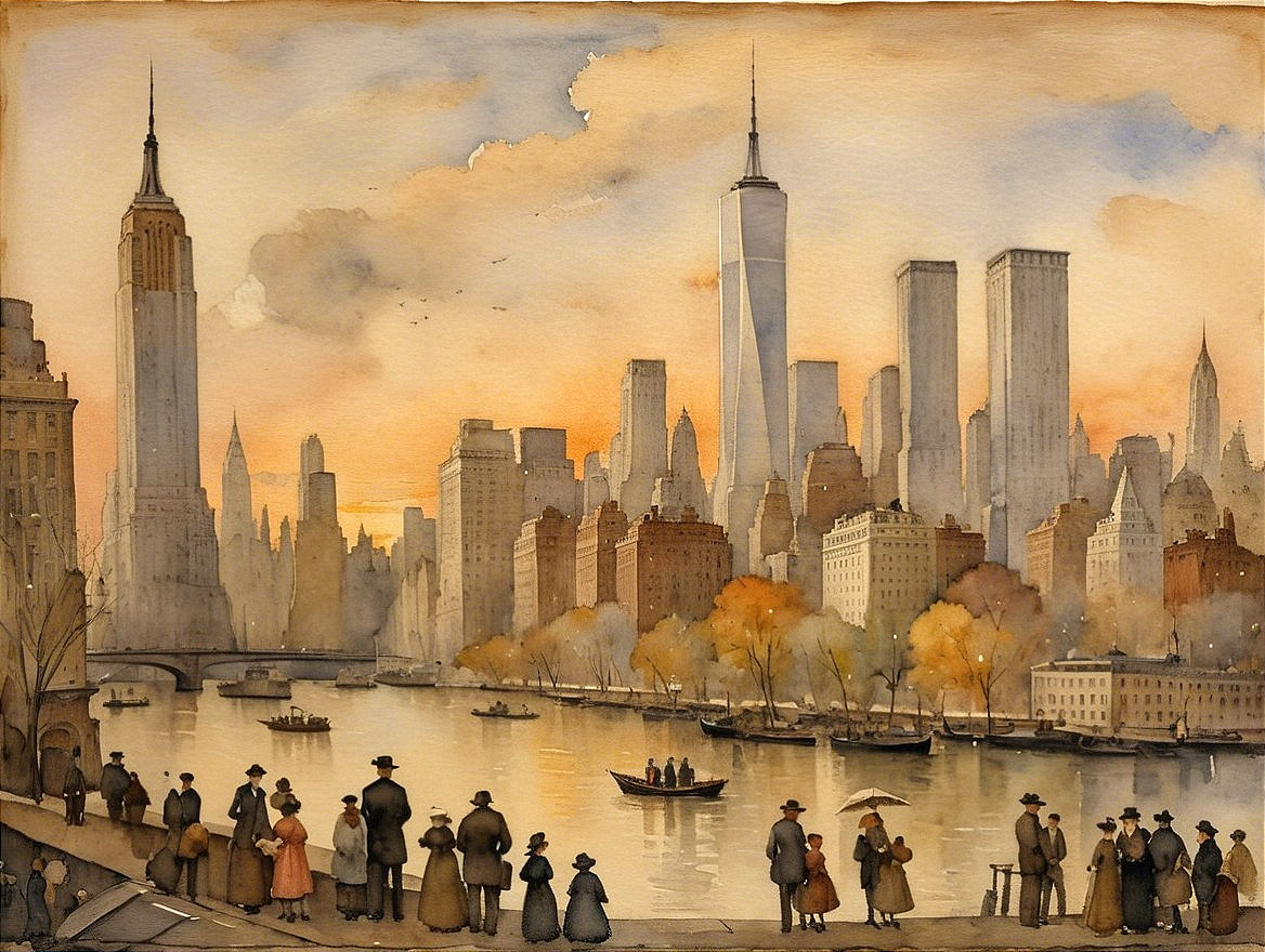 Watercolor Painting of a City Waterfront at Sunset