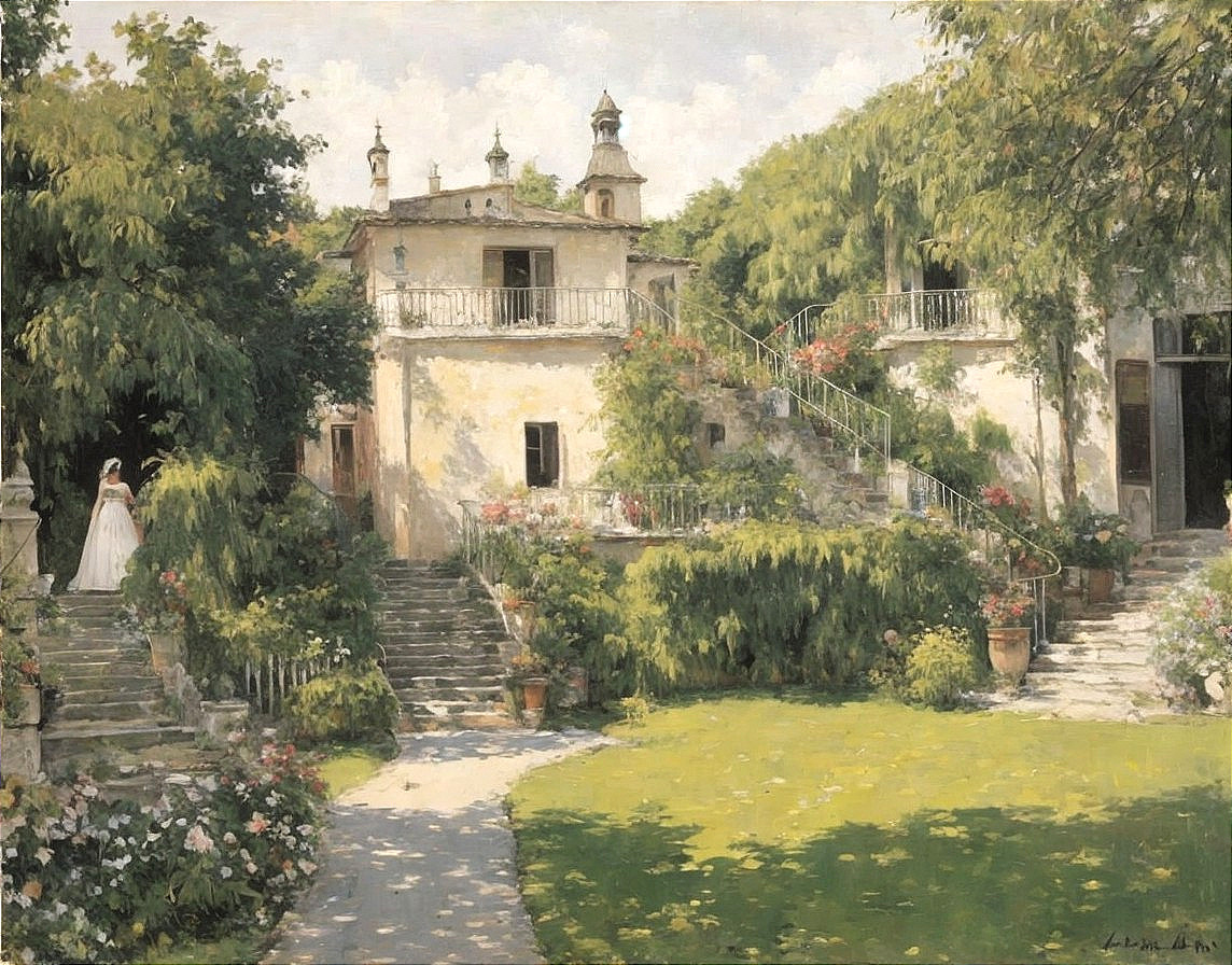 Serene garden with villa and bride in wedding gown