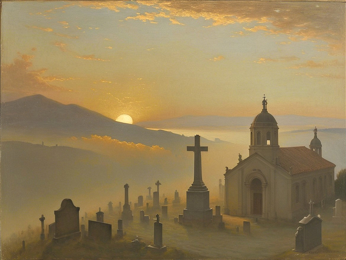 Serene Sunrise Landscape with Church and Gravestones