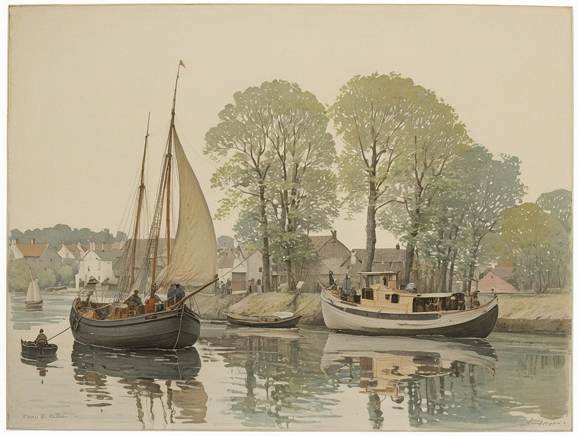 Serene riverside scene with boats and autumn trees