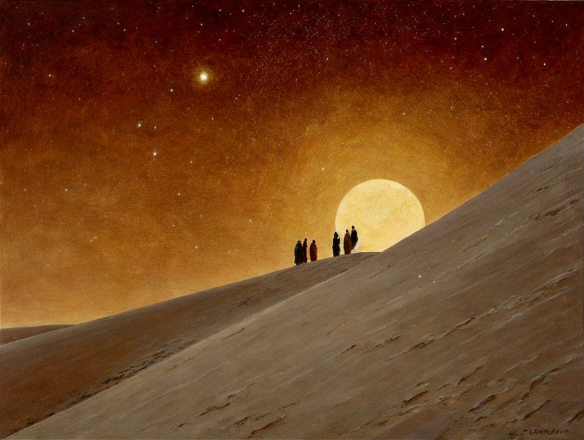 Desert Sunset with Silhouetted Figures and Stars