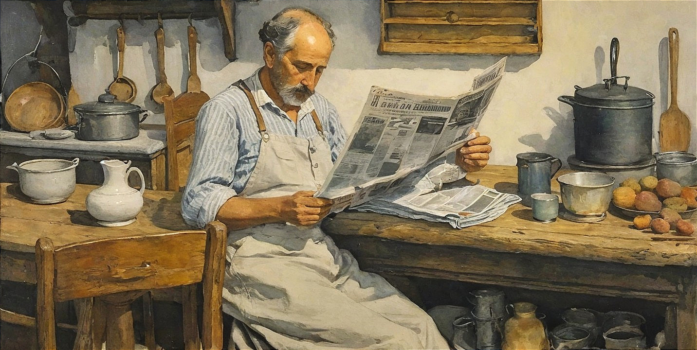 Man Reading Newspaper at Rustic Kitchen Table