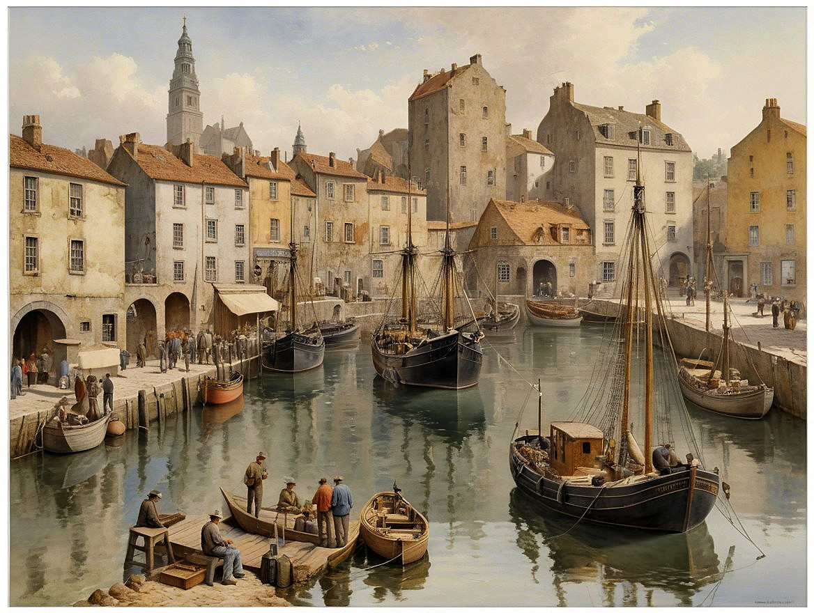 Harbor Scene with Quaint Buildings and Fishing Boats