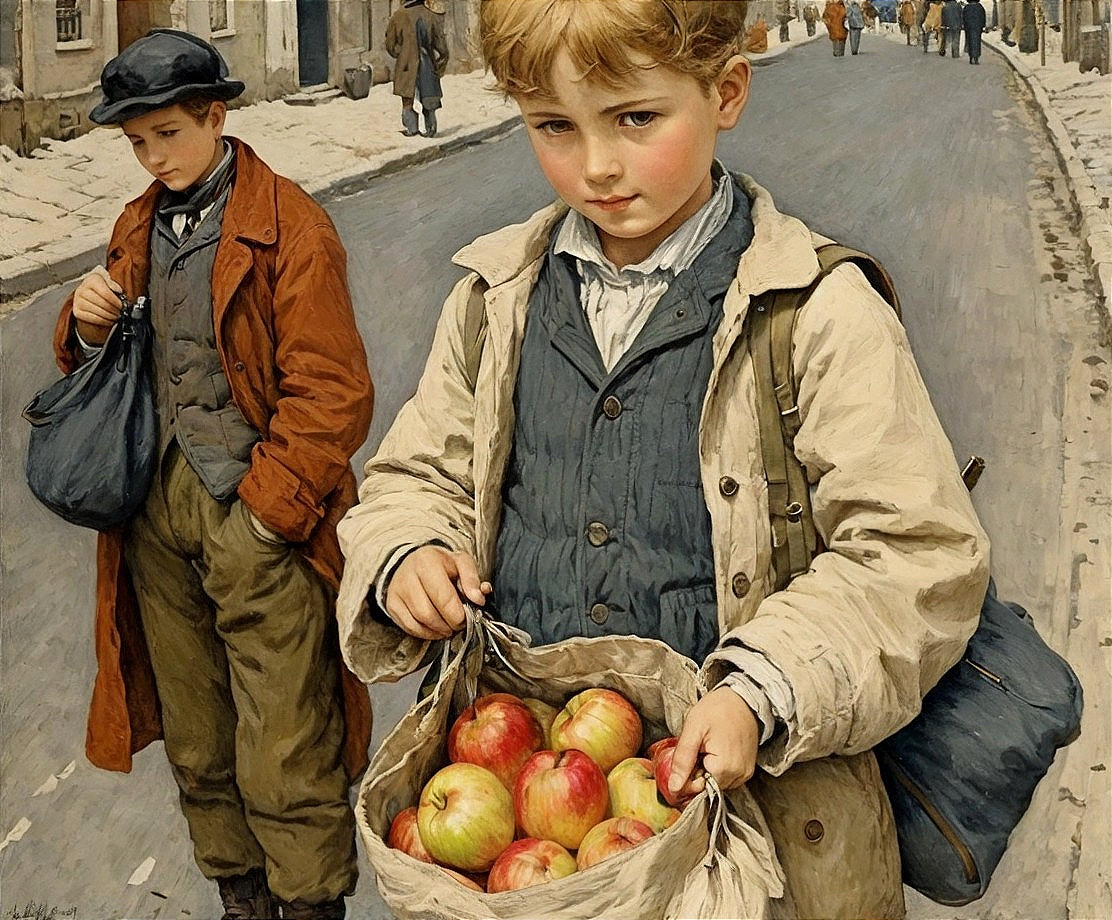Young Boy with Apple Basket in Urban Street Scene