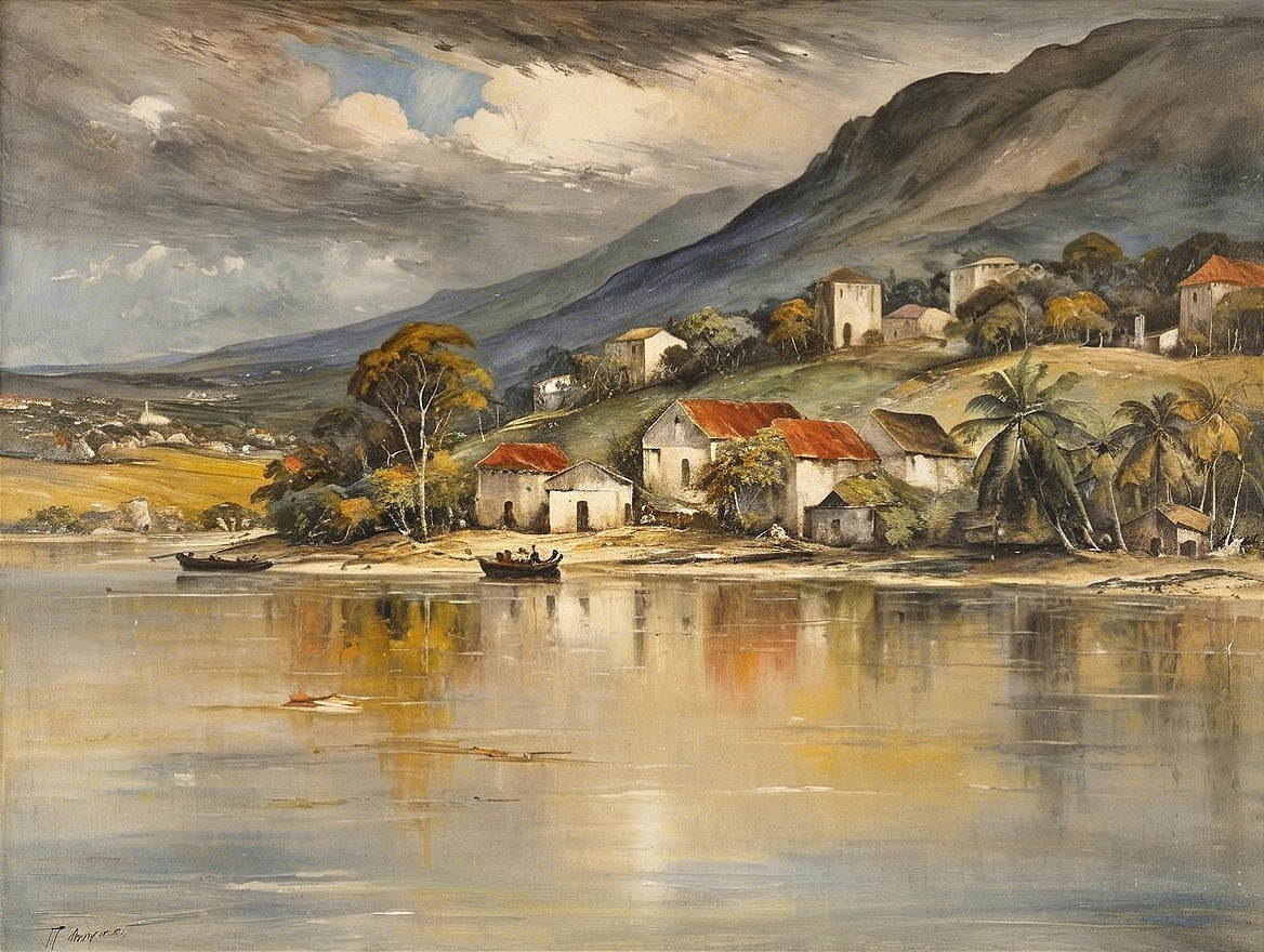 Serene landscape with river, houses, and palm trees