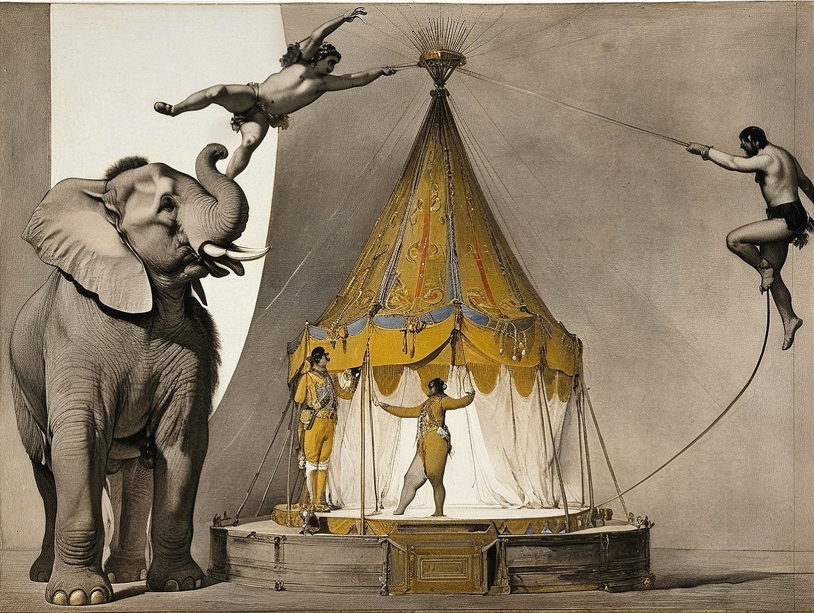 Vintage Circus Scene with Elephant and Performers