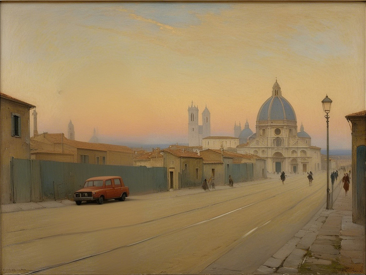 Serene Dawn Street Scene with Old Car and Church
