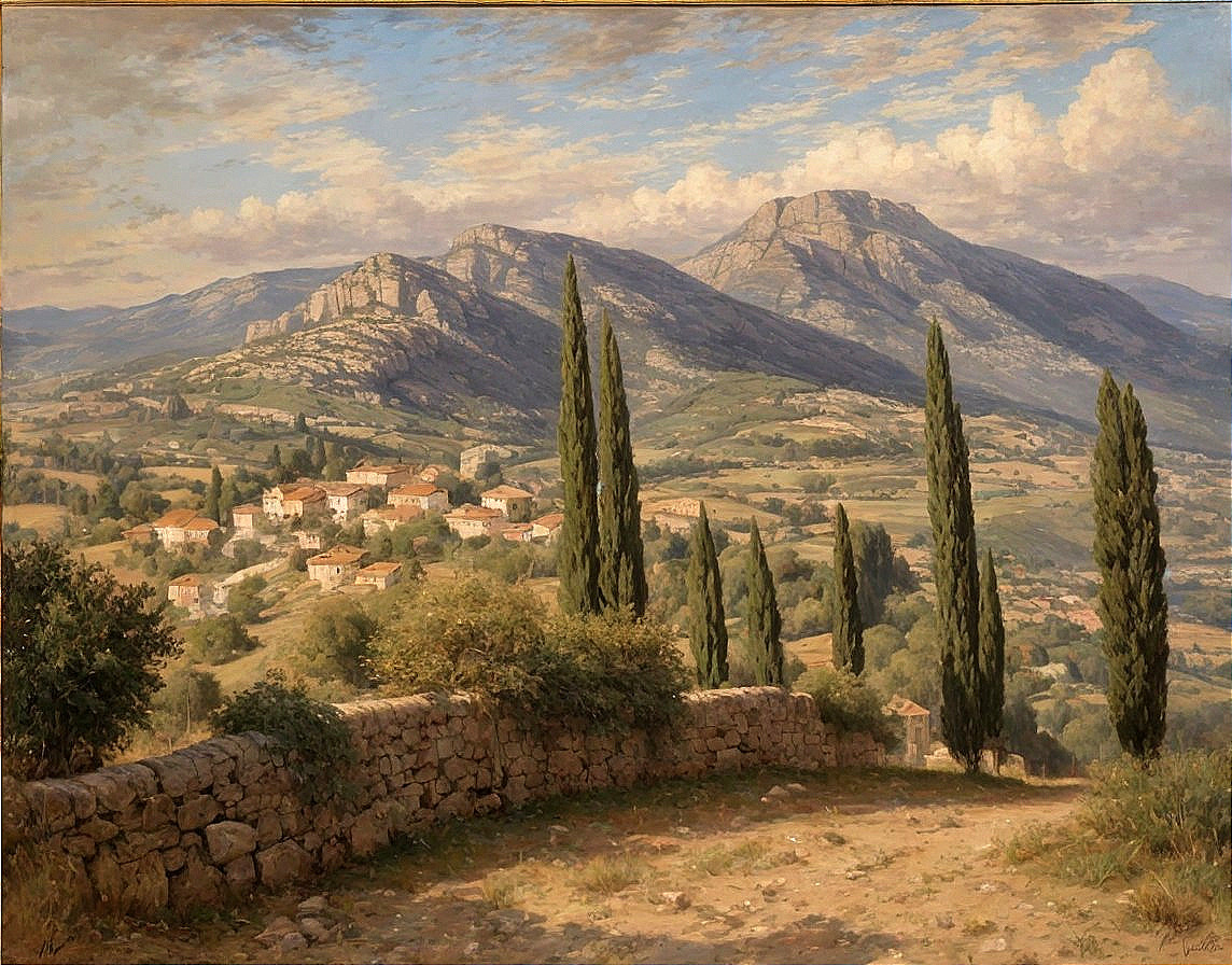 Picturesque Landscape with Hills and Cypress Trees