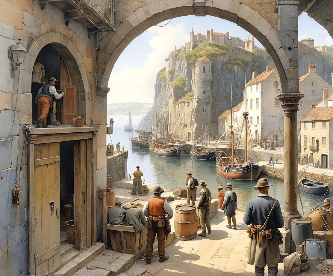 Harbor Scene of a Busy Coastal Village with Castle