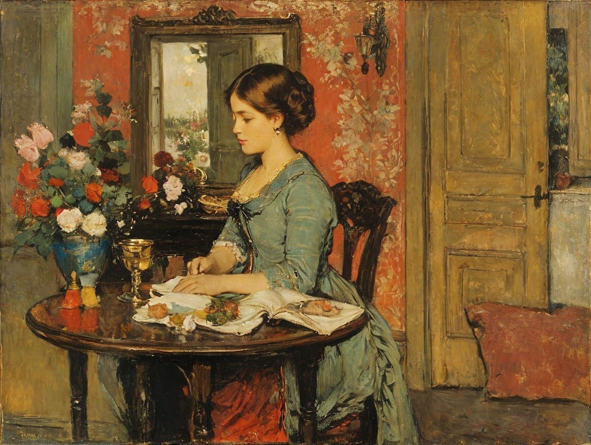 Young woman in blue dress at a wooden table setting