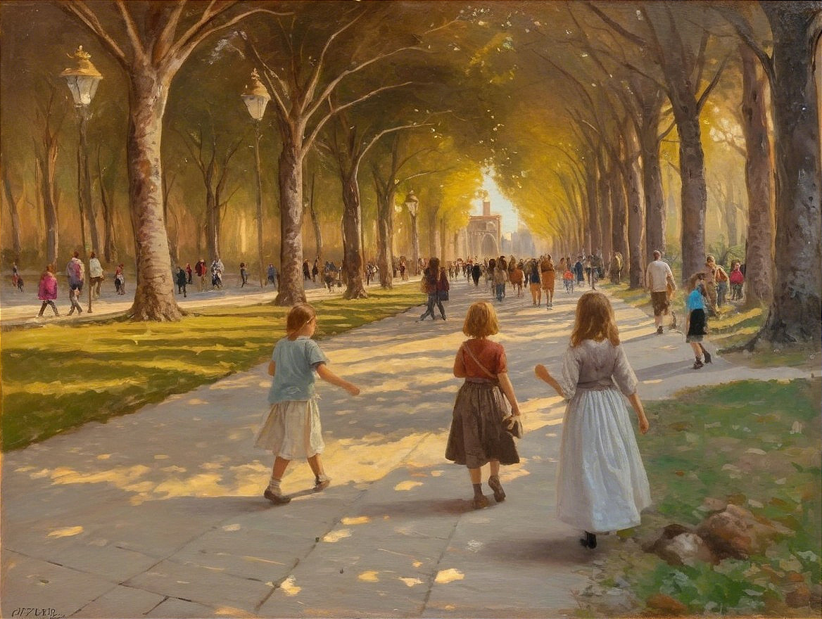 Sunlit Park Pathway with Families and Vintage Clothing