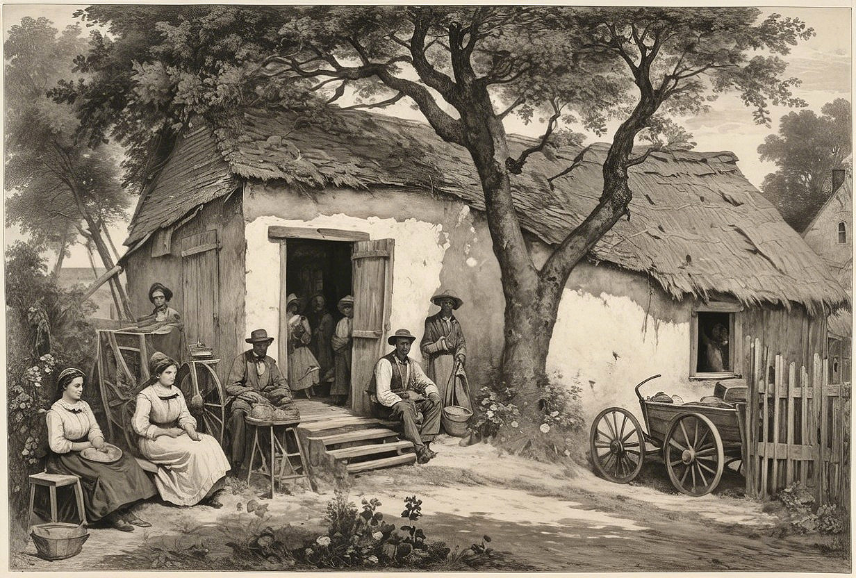 Rustic Scene of Thatched Cottage and Historical Figures