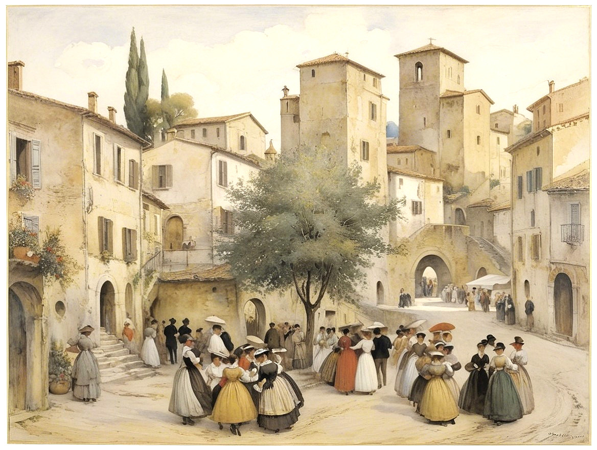 Charming Italian Village Scene with Traditional Attire