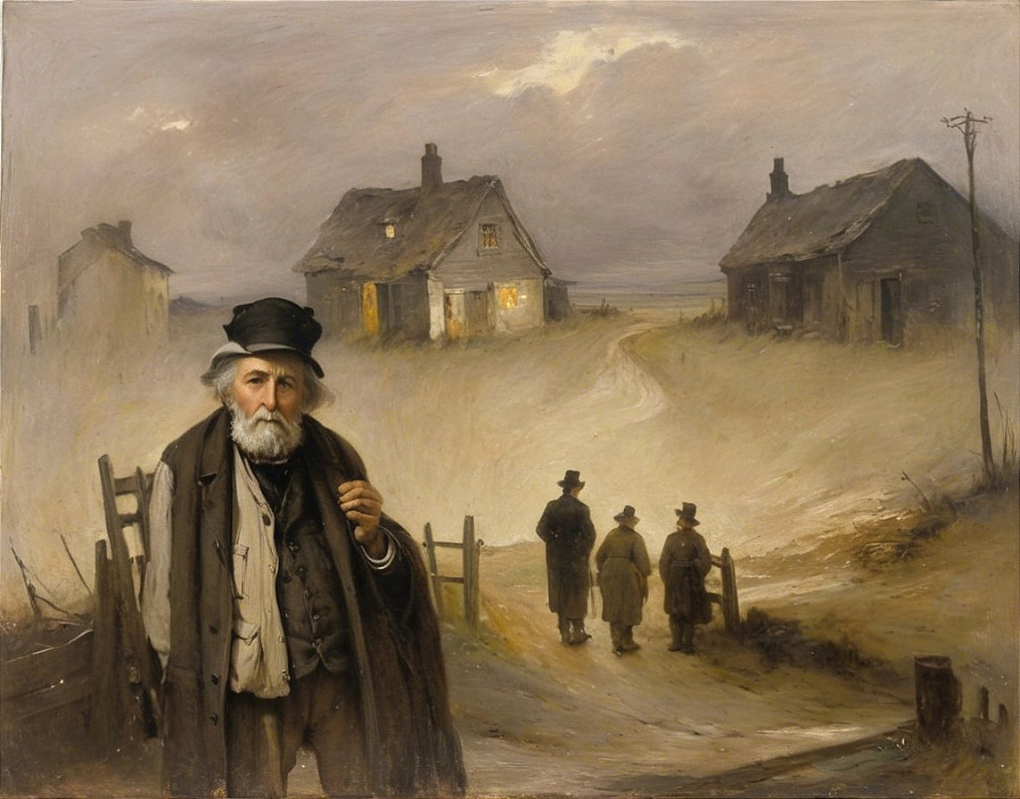 Elderly Man in Twilight Landscape with Rustic Cottages