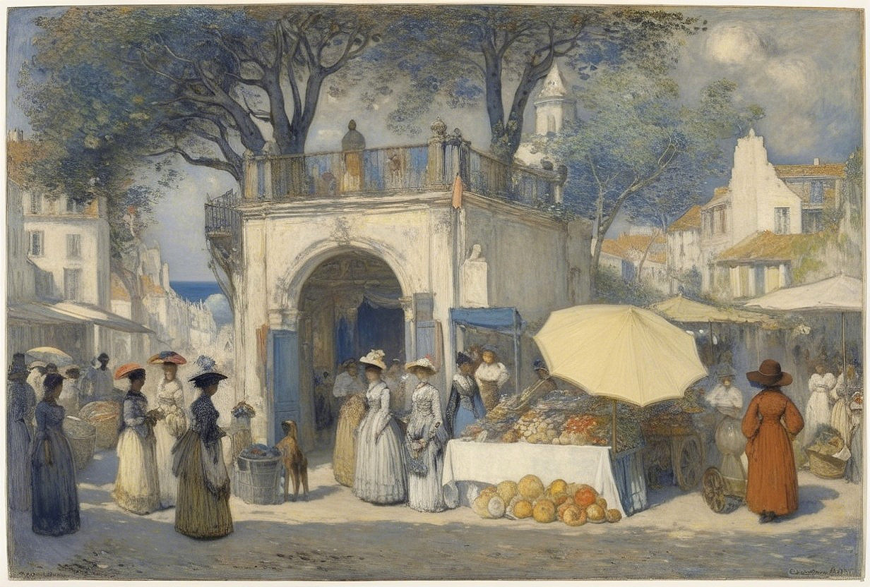 19th-Century Village Market Scene with Vendors and Goods