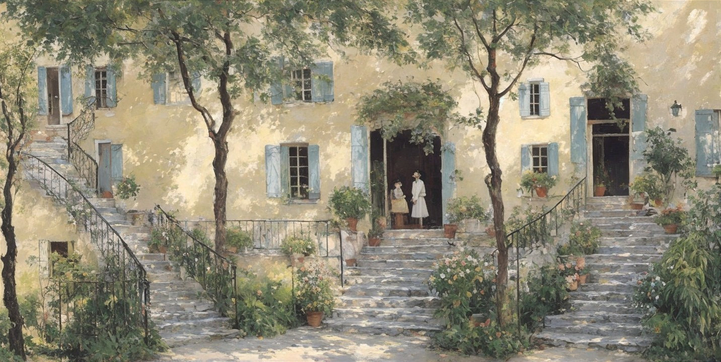 Charming Sunlit Building with Yellow Walls and Greenery