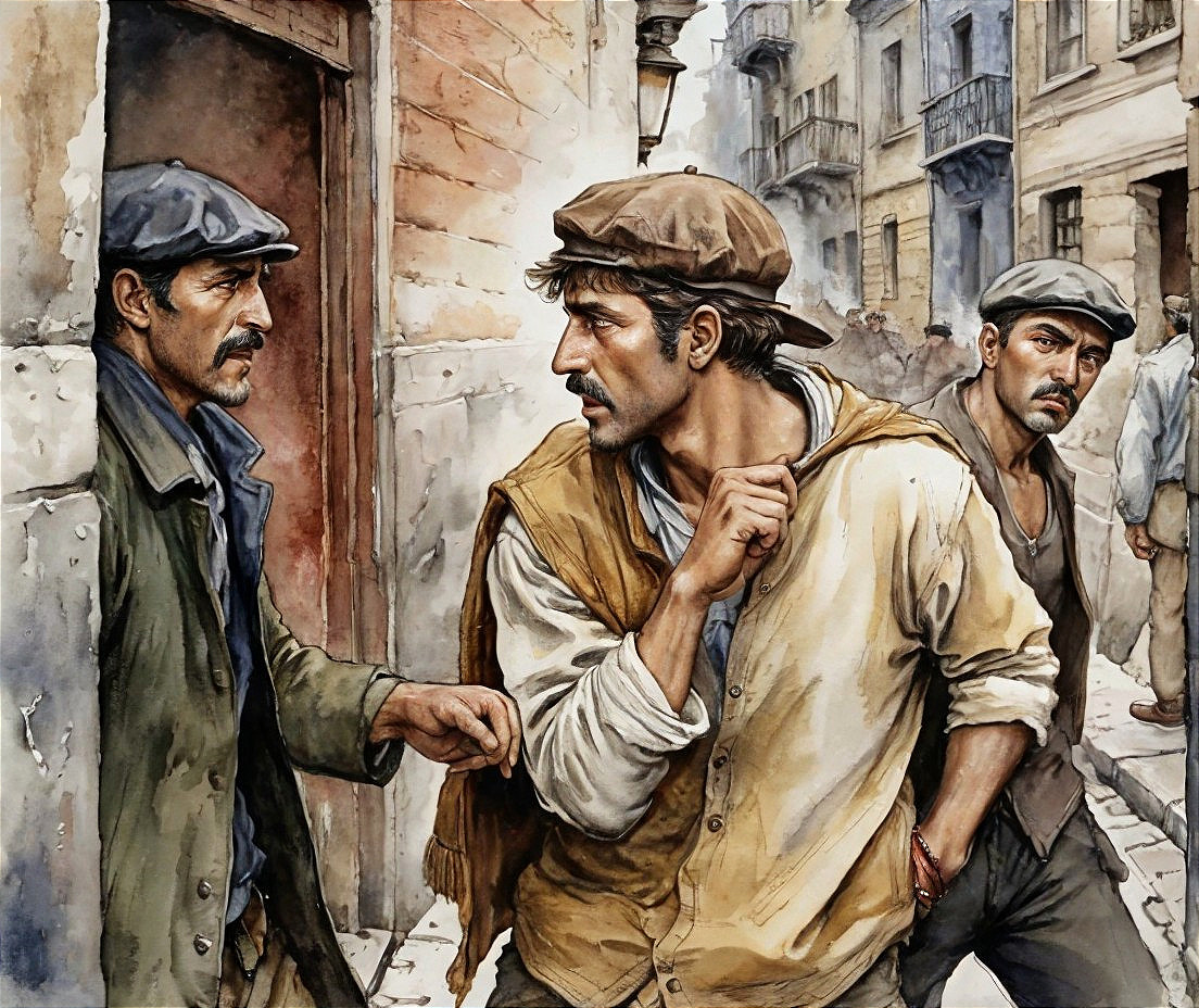 Tense Conversation Among Men in Historic Town Street