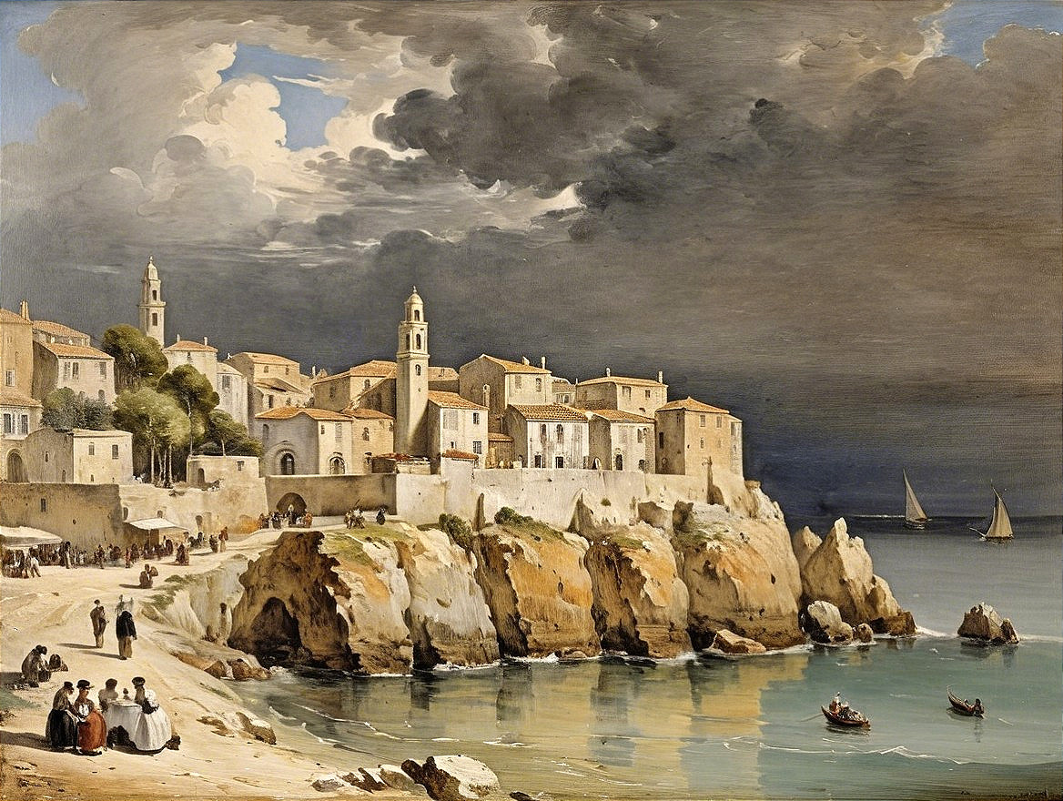 Coastal Village Scene with Rocky Cliffs and Stormy Sky