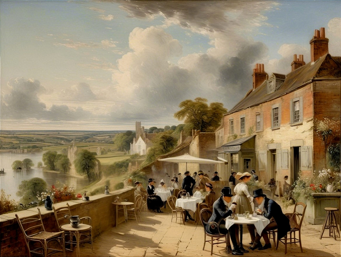 Riverside Scene with Tea, Greenery, and Architecture